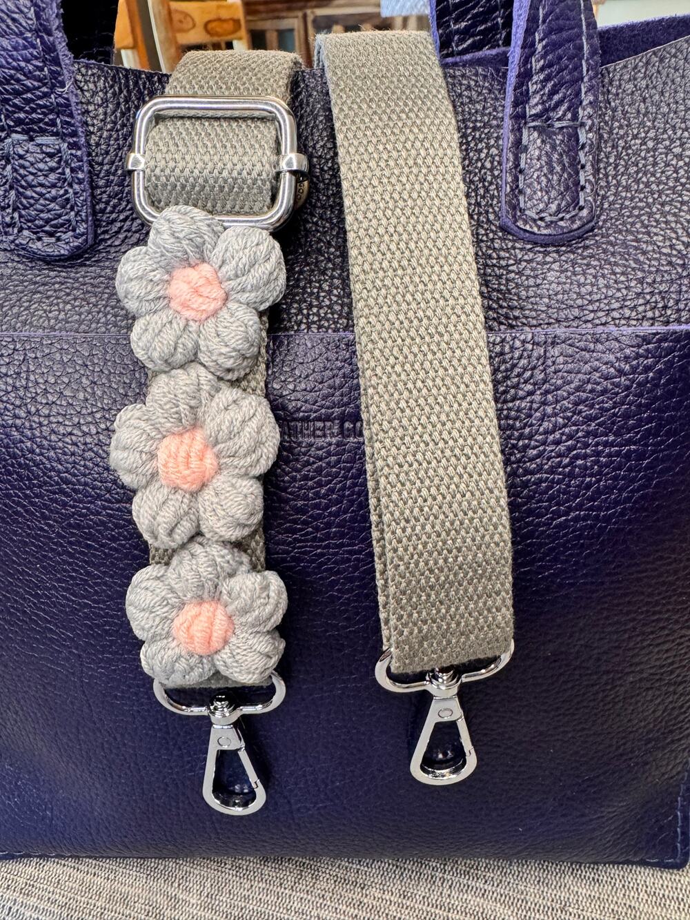 Gray Daisy Crochet Purse Strap Woven Bag Strap Crossbody Purse Strap Silver